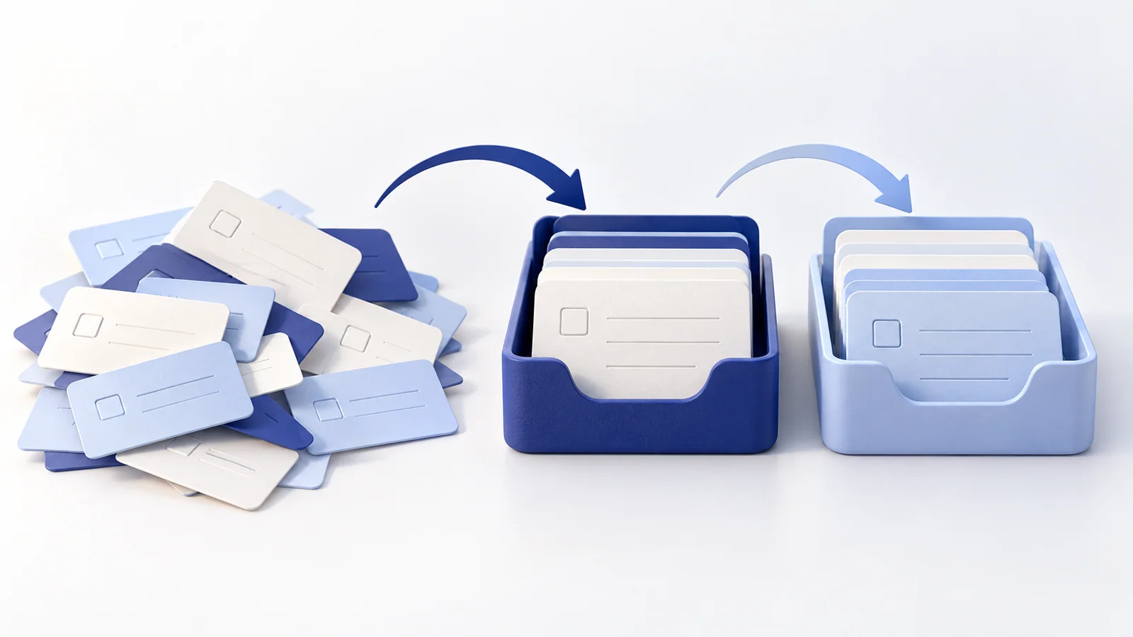 A mixed stack of task cards sorted into two separate indigo and pale blue trays