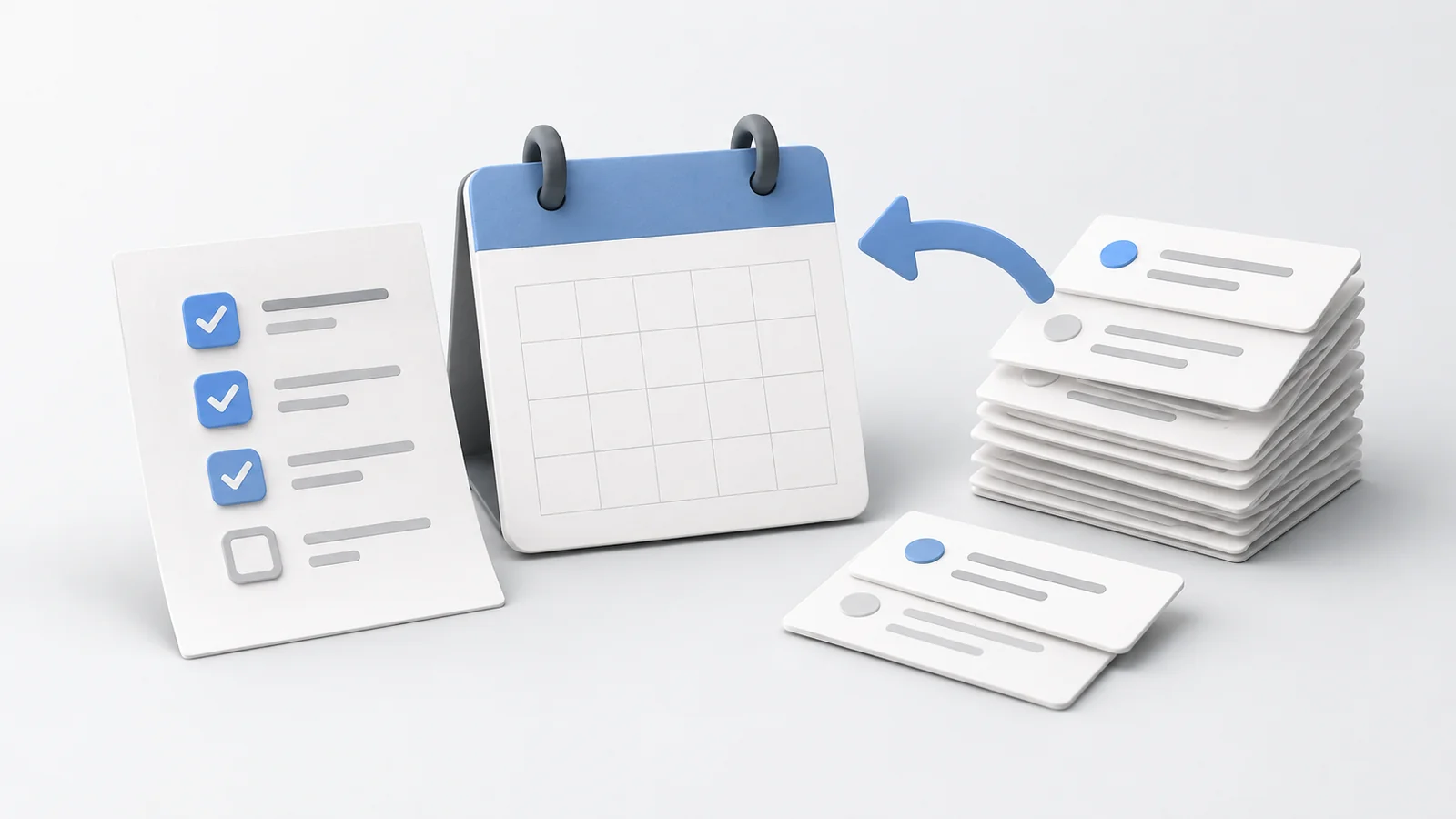A short checklist beside a calendar and a longer stack of unscheduled task cards