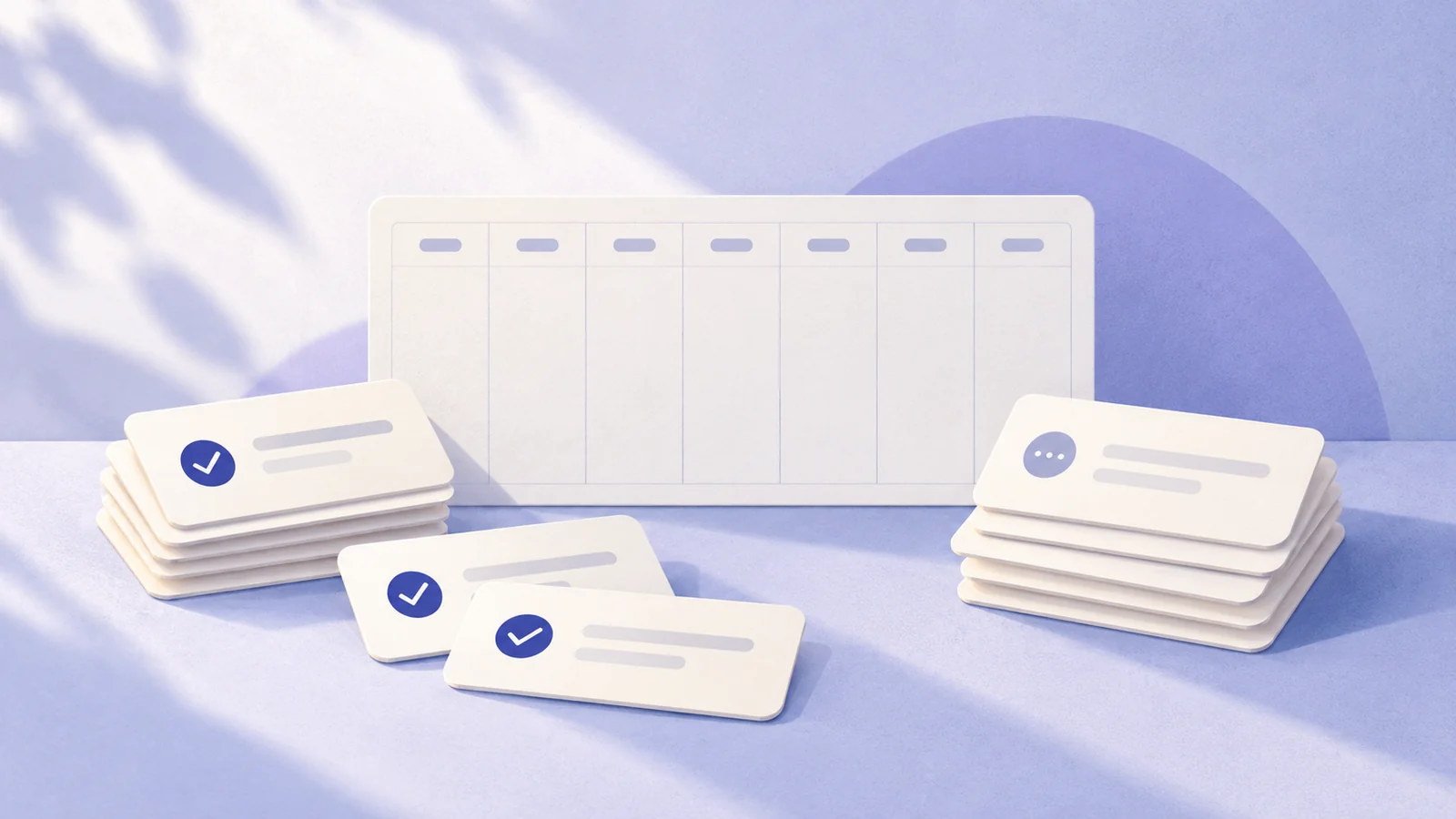 Task cards sorted beside a weekly calendar, with completed cards set apart from active work